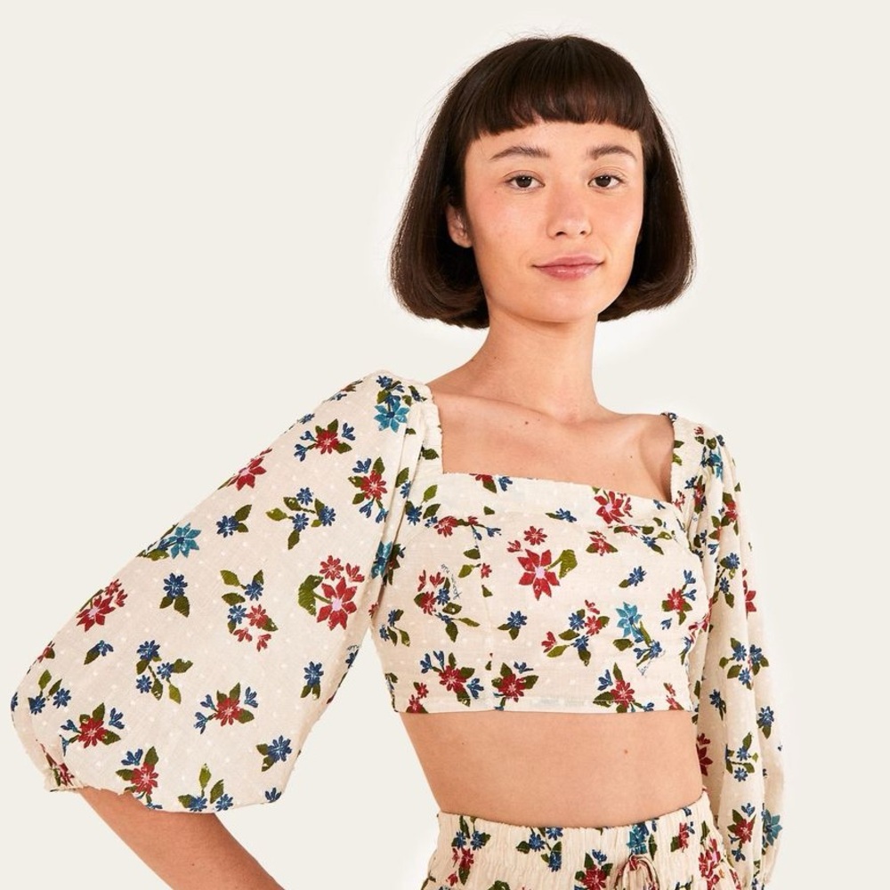 Farm Rio Floral Bela Puff Sleeve Swiss Dot Romantic Cropped Blouse Top Women’s L